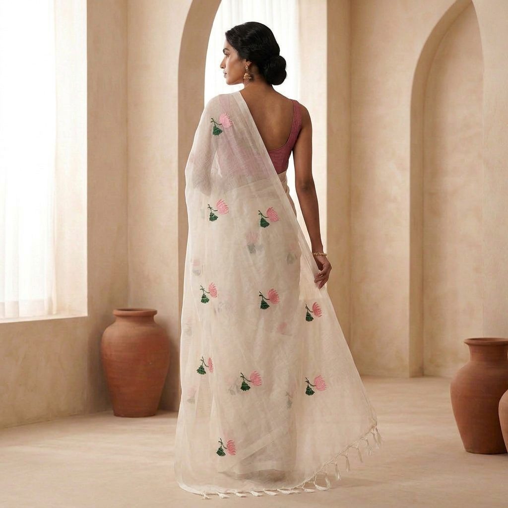 Ivory Pink Floral Linen Cotton Saree
