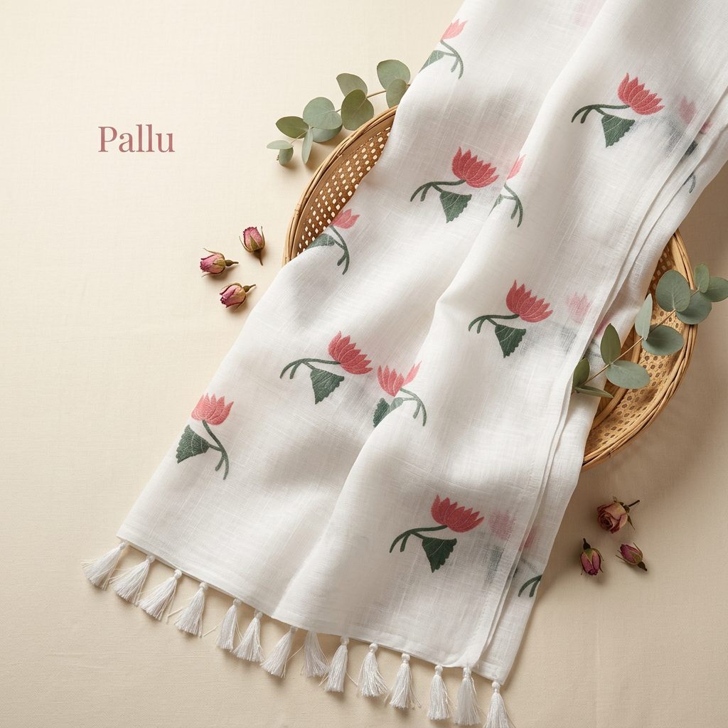 Ivory Pink Floral Linen Cotton Saree