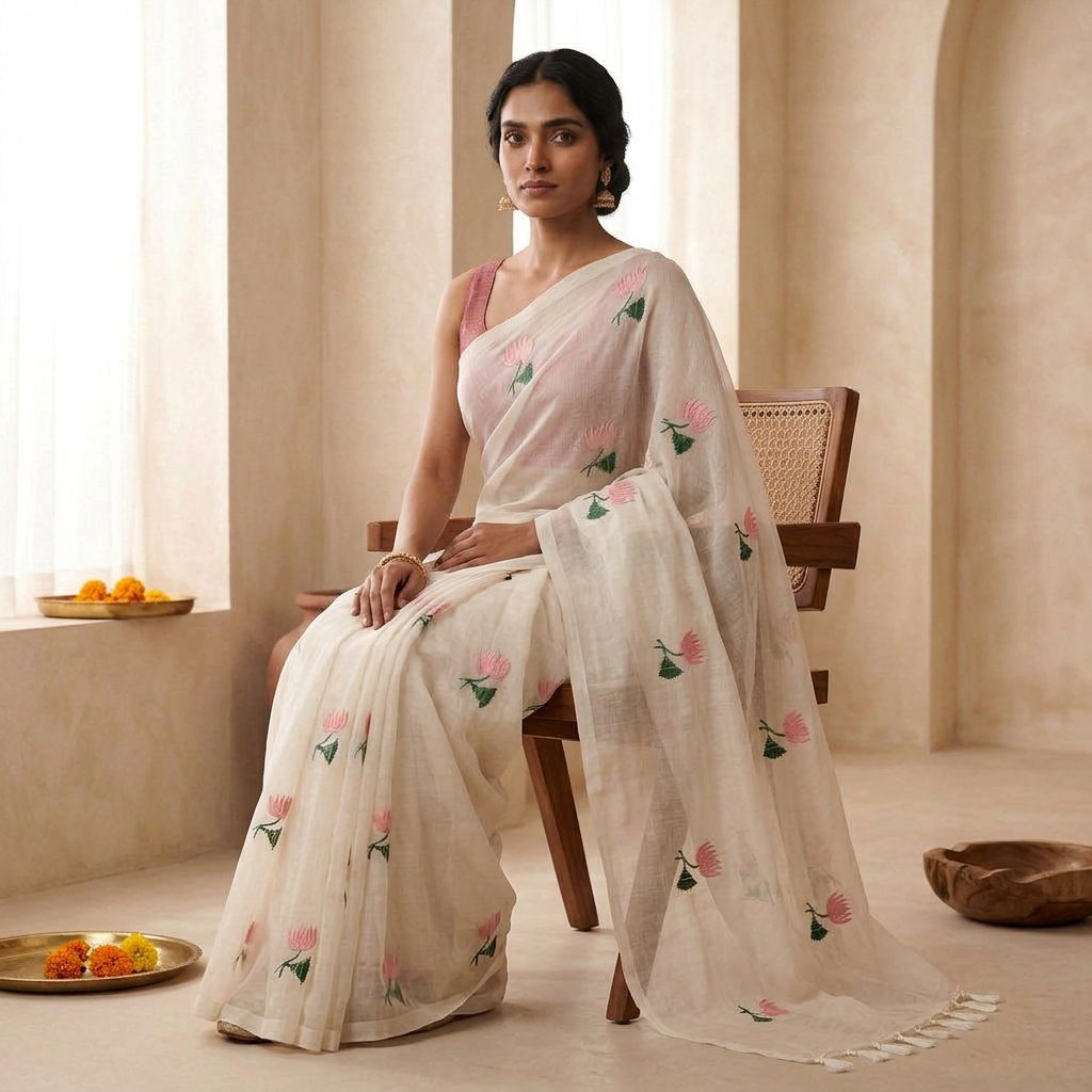 Ivory Pink Floral Linen Cotton Saree