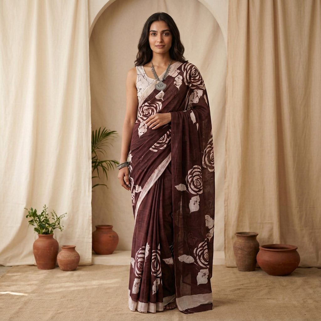 Deep Wine Floral Linen Cotton Saree