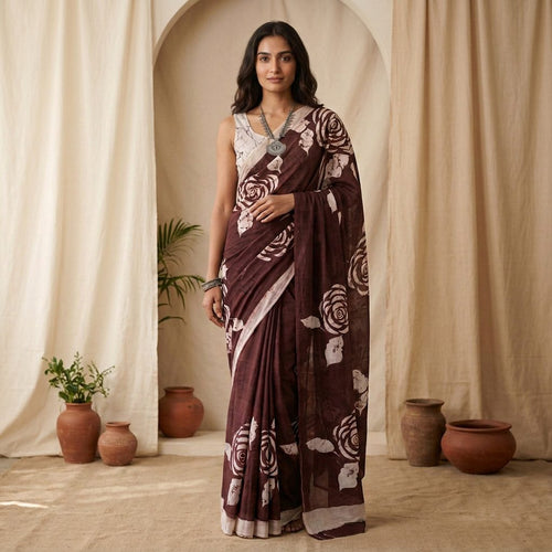 Deep Wine Floral Linen Cotton Saree