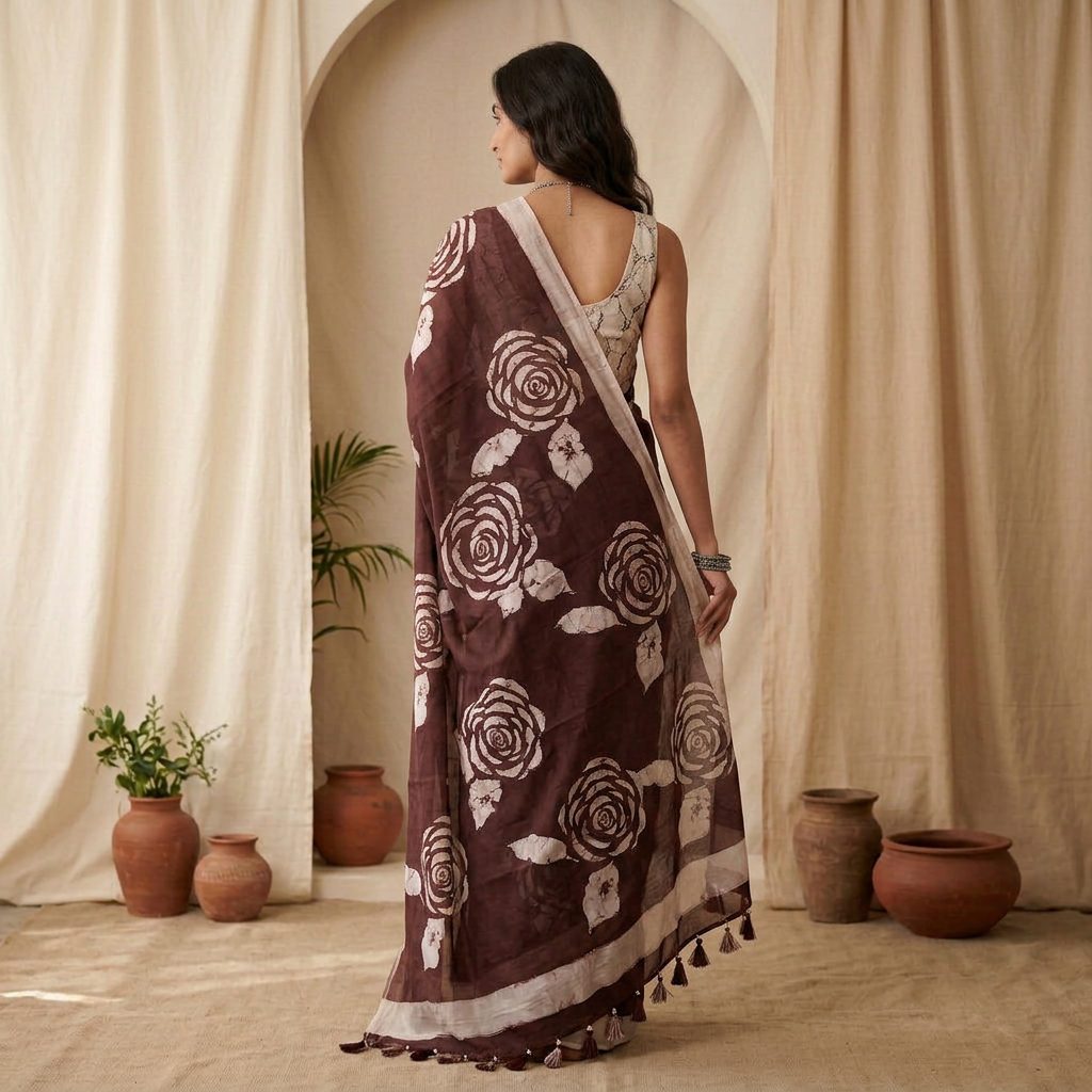 Deep Wine Floral Linen Cotton Saree