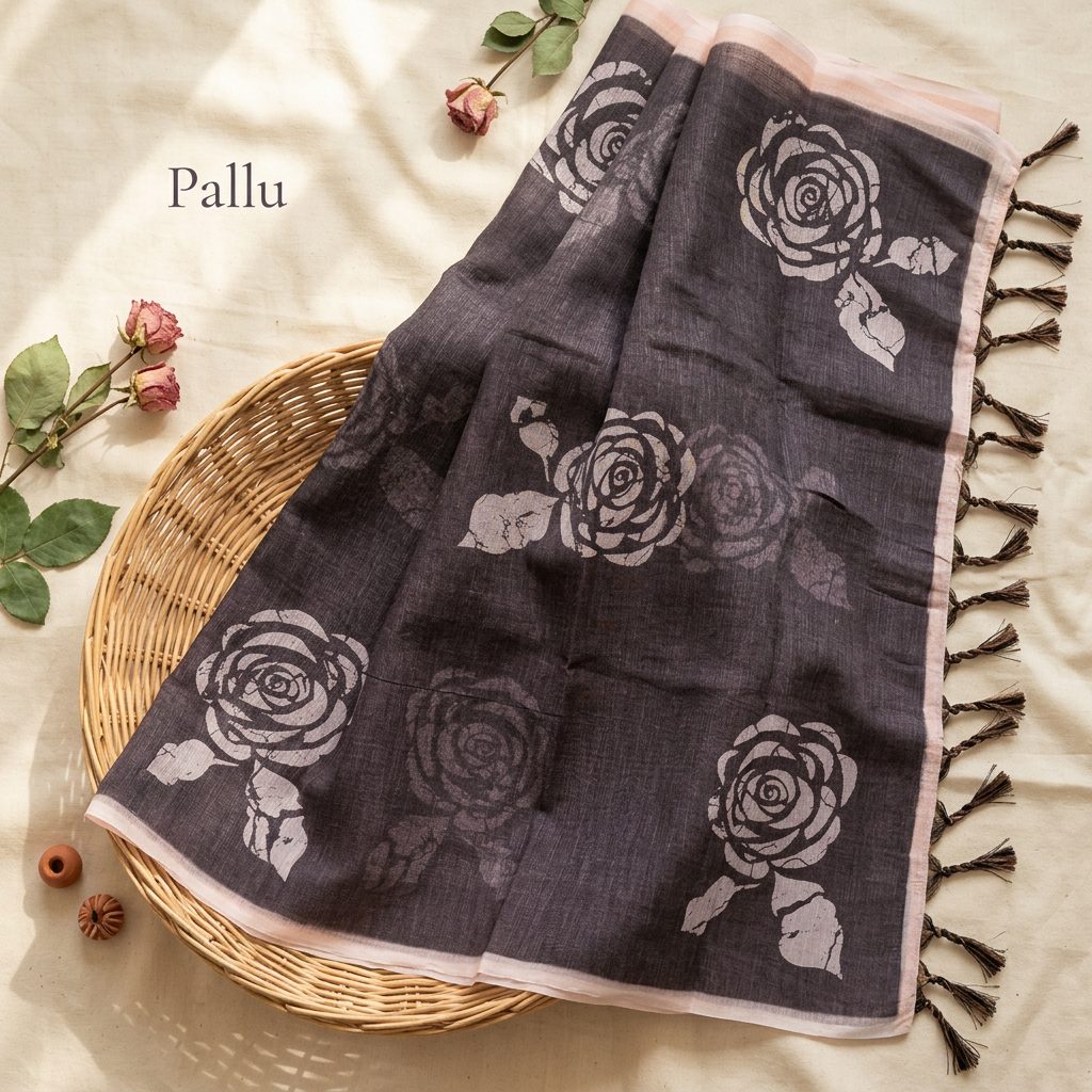 Deep Wine Floral Linen Cotton Saree