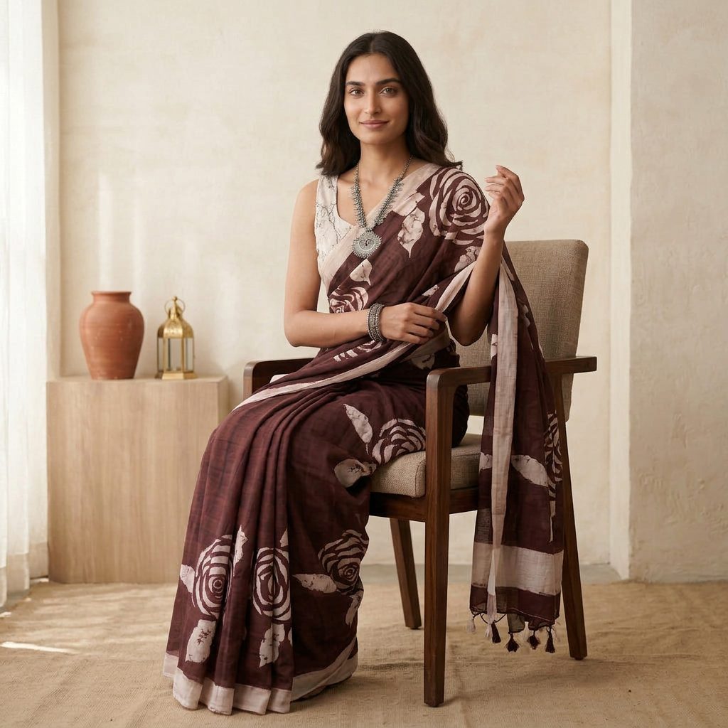 Deep Wine Floral Linen Cotton Saree