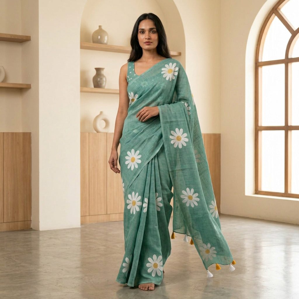 Sea Glass Green Bloom Linen Cotton Saree