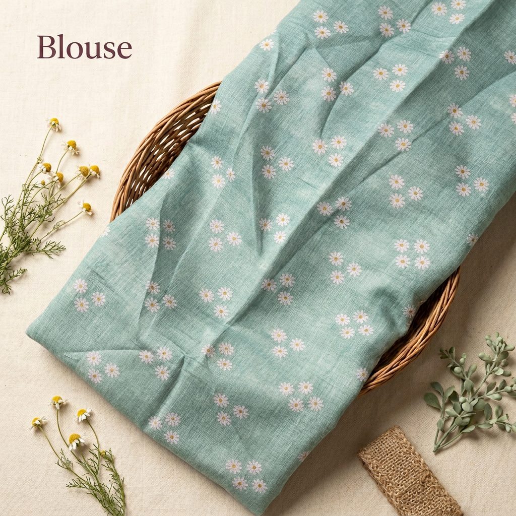 Sea Glass Green Bloom Linen Cotton Saree