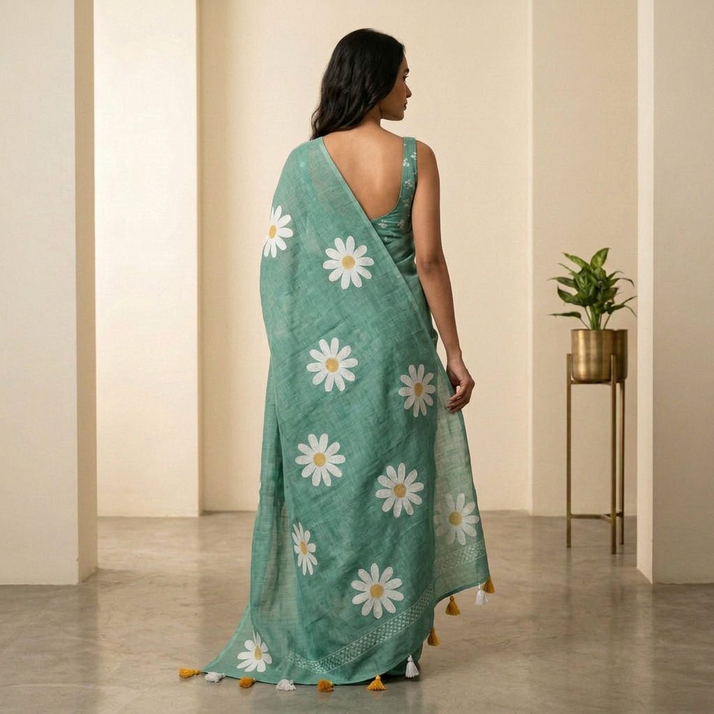 Sea Glass Green Bloom Linen Cotton Saree