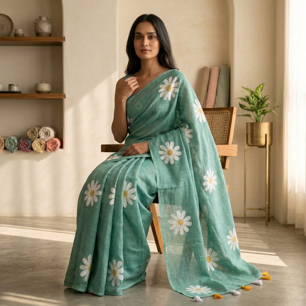 Sea Glass Green Bloom Linen Cotton Saree