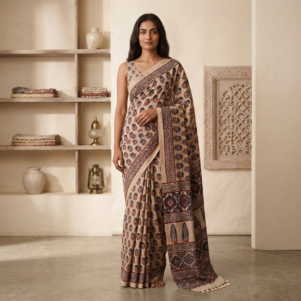 Beige Floral Printed Linen Cotton Saree