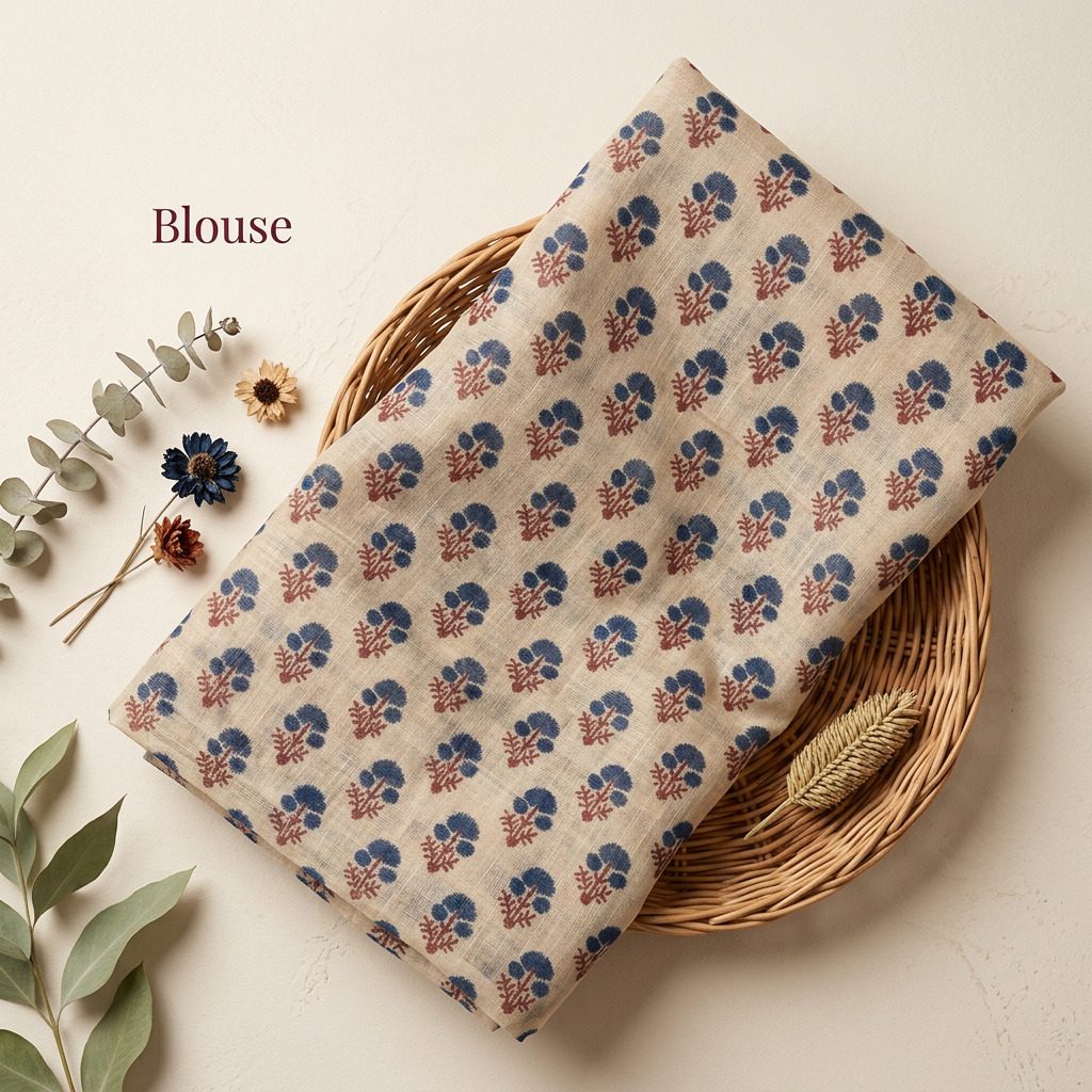 Beige Floral Printed Linen Cotton Saree