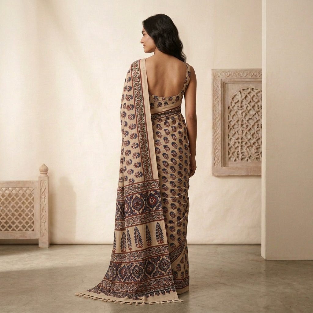 Beige Floral Printed Linen Cotton Saree