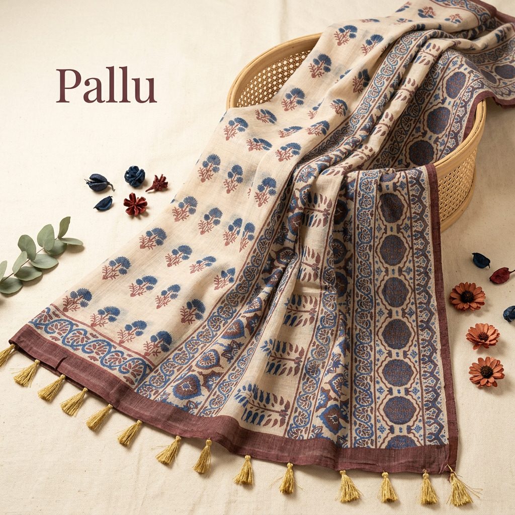Beige Floral Printed Linen Cotton Saree