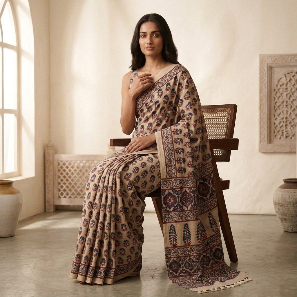 Beige Floral Printed Linen Cotton Saree