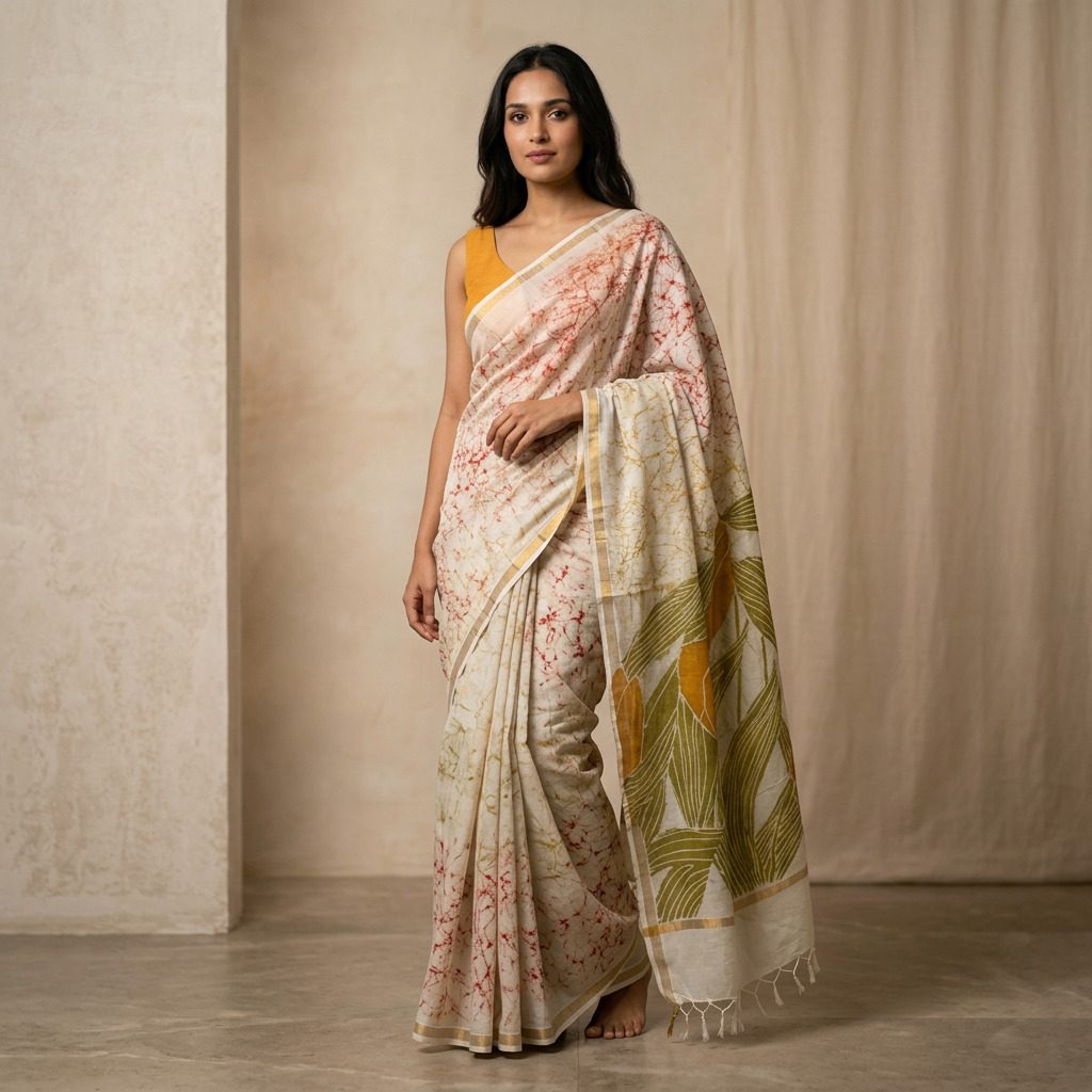 Ivory Printed Linen Cotton Saree with Olive Green Pallu