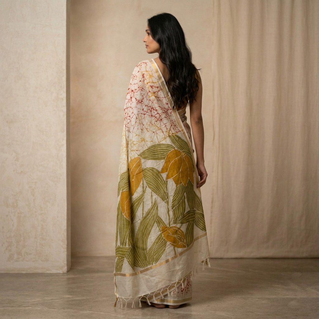 Ivory Printed Linen Cotton Saree with Olive Green Pallu