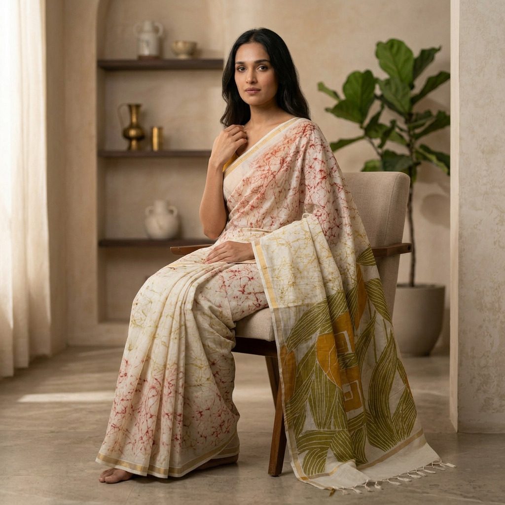 Ivory Printed Linen Cotton Saree with Olive Green Pallu