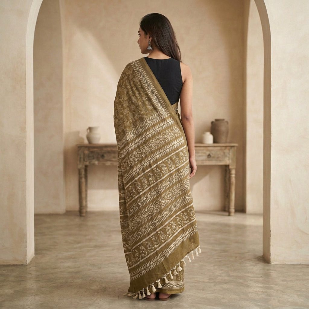 Olive Brown Printed Linen Cotton Saree