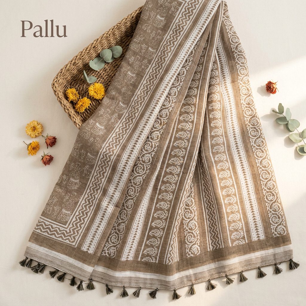 Olive Brown Printed Linen Cotton Saree