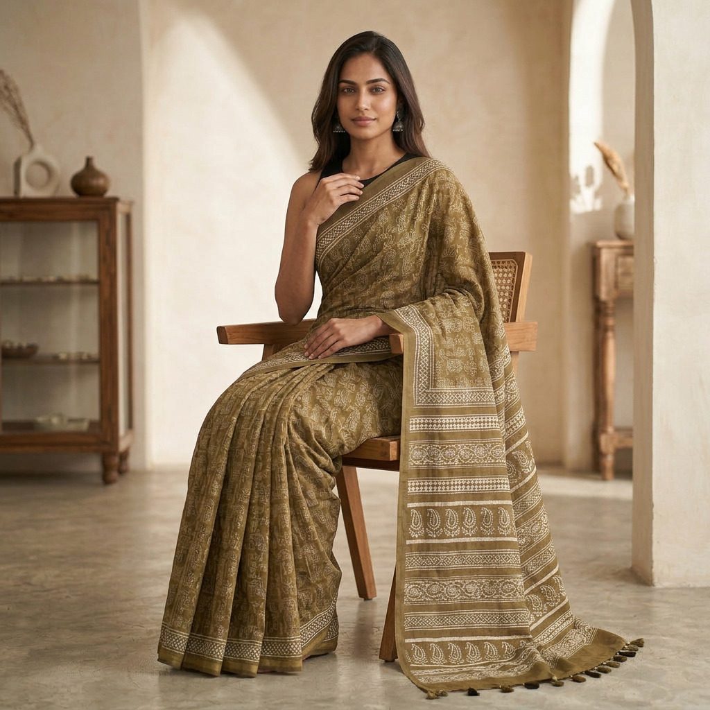 Olive Brown Printed Linen Cotton Saree