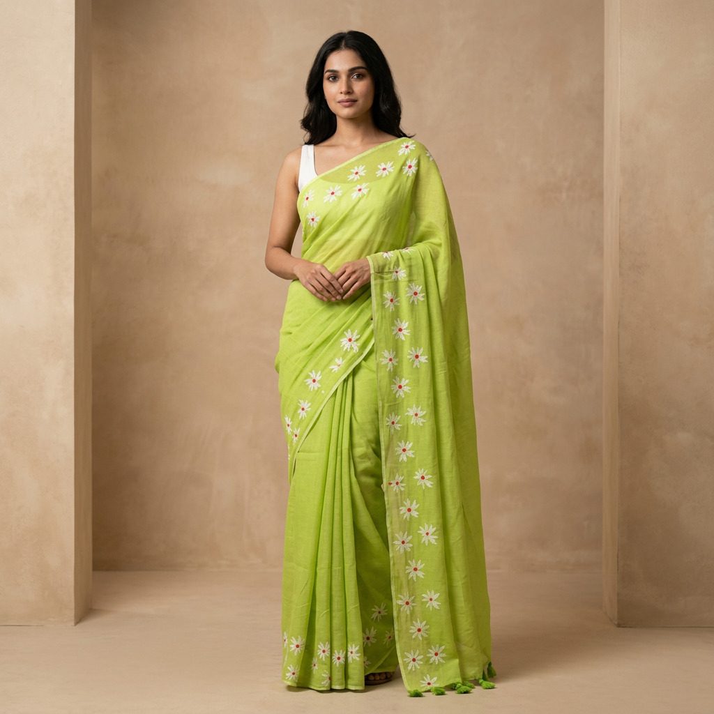 Lime Green Floral Printed Linen Cotton Saree