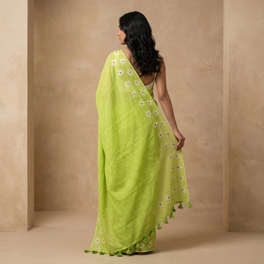 Lime Green Floral Printed Linen Cotton Saree