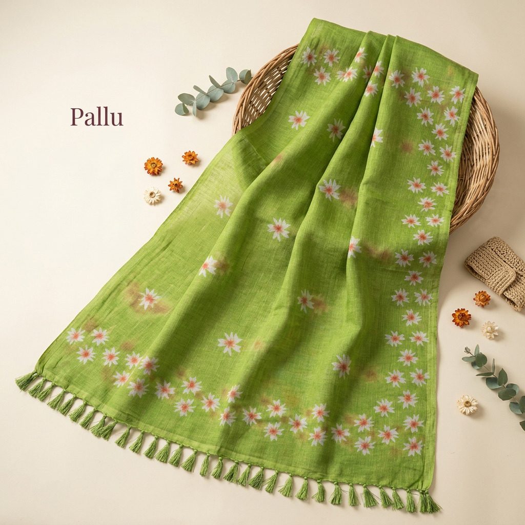 Lime Green Floral Printed Linen Cotton Saree