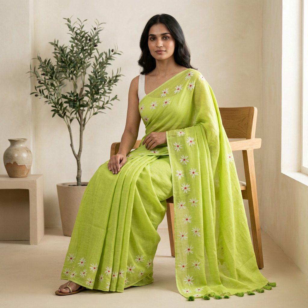 Lime Green Floral Printed Linen Cotton Saree