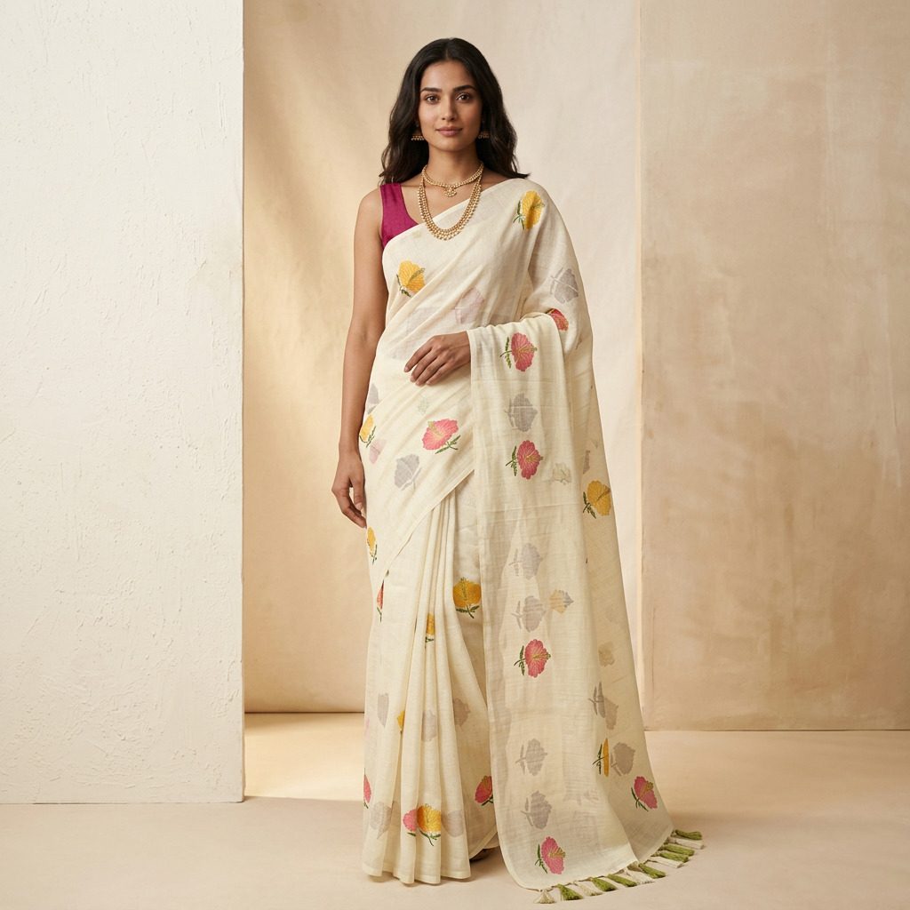 Ivory Multicolour Floral Linen Cotton Saree