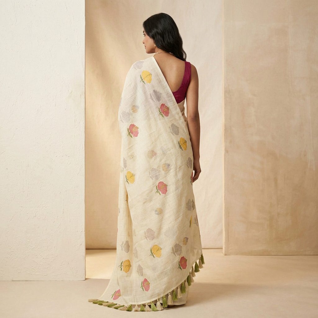 Ivory Multicolour Floral Linen Cotton Saree