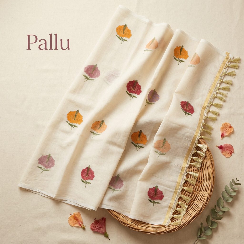 Ivory Multicolour Floral Linen Cotton Saree