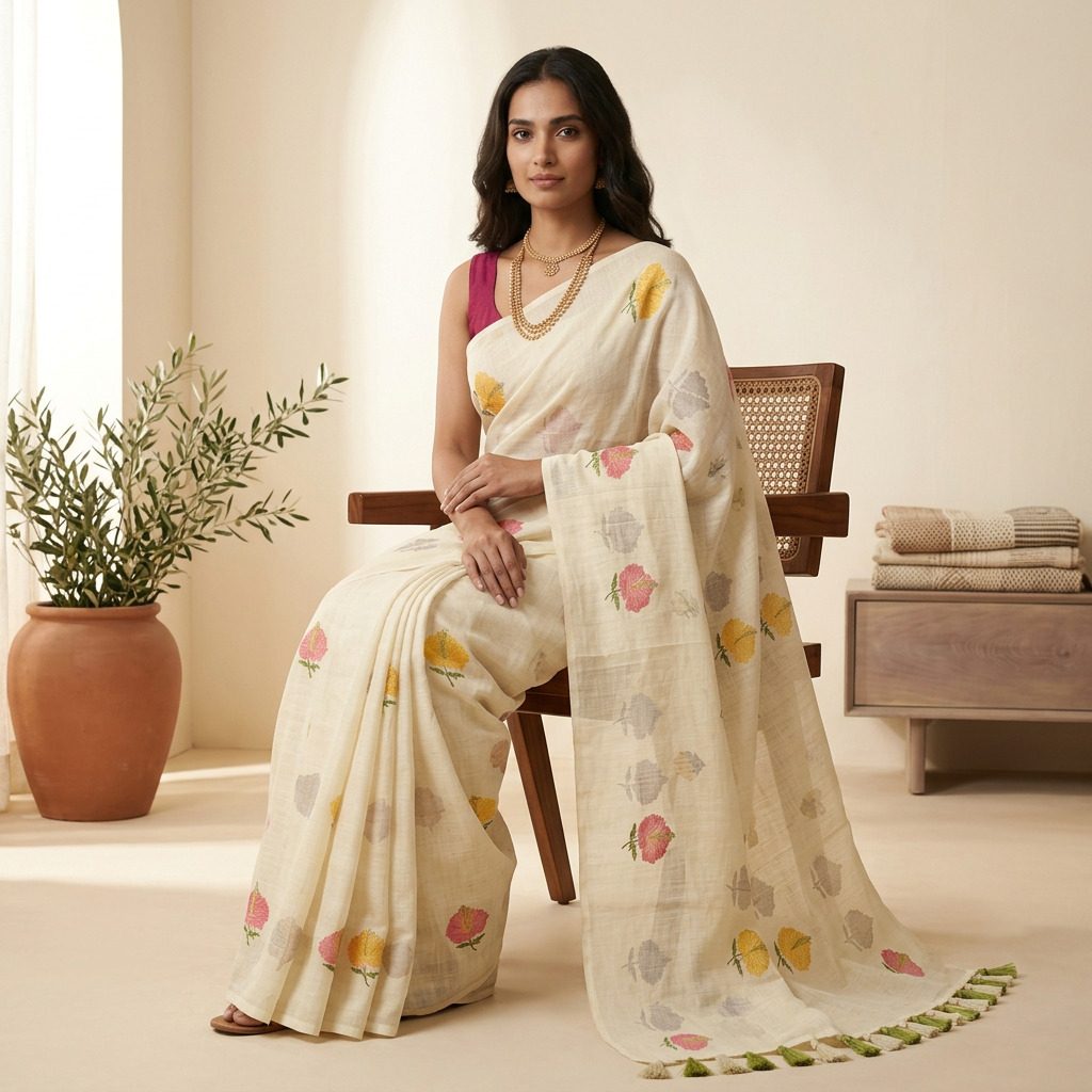 Ivory Multicolour Floral Linen Cotton Saree