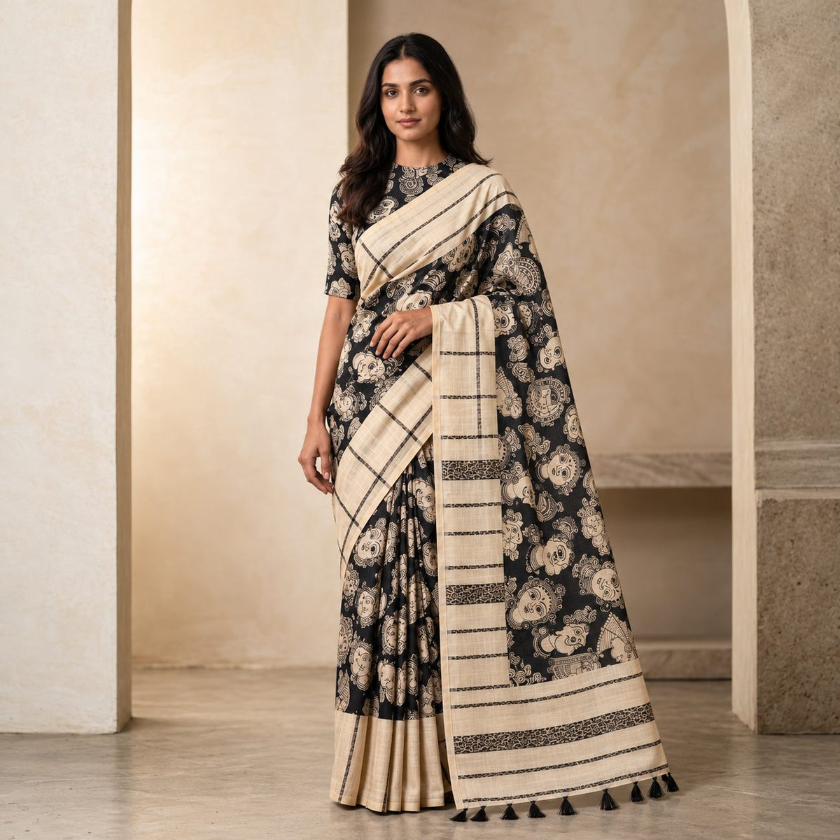 Black & Sand Beige Designer Saree