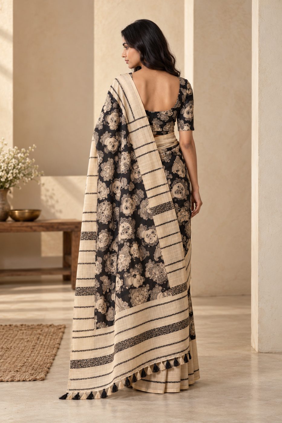 Black & Sand Beige Designer Saree