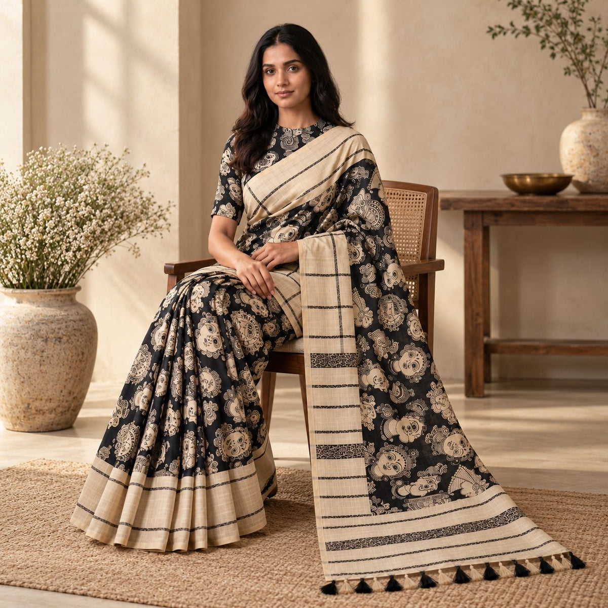 Black & Sand Beige Designer Saree