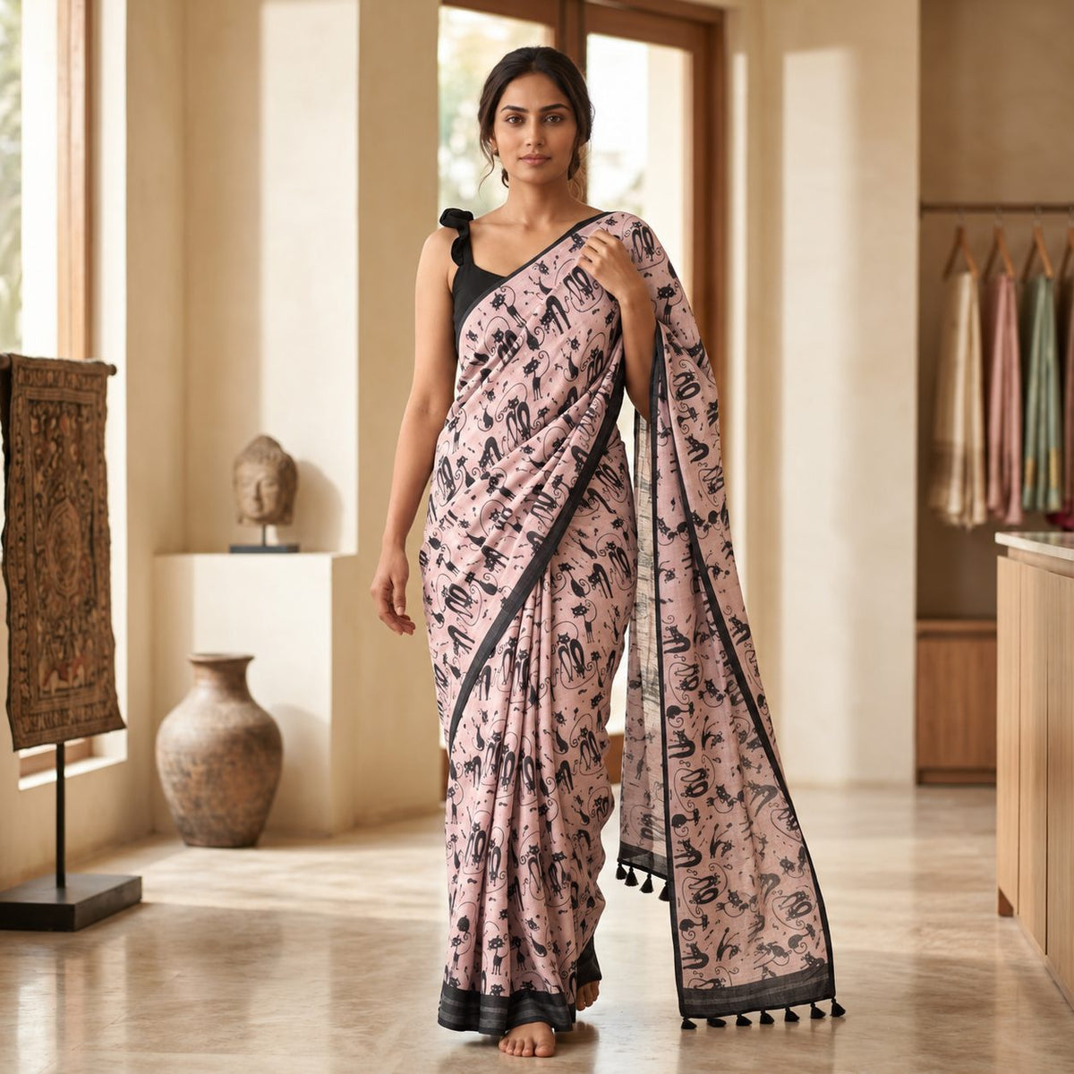 Blush Pink Cat Print Linen Cotton Saree